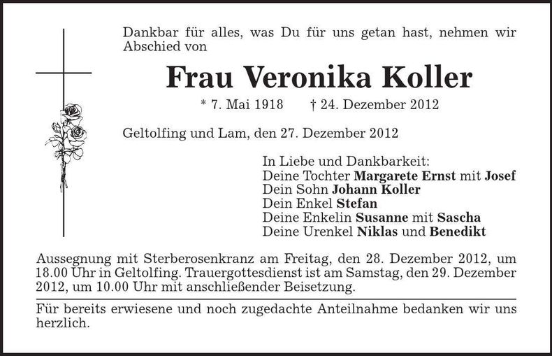 Traueranzeige Veronika Koller