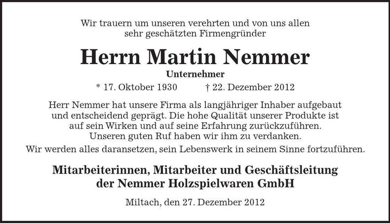 Traueranzeige Martin Nemmer