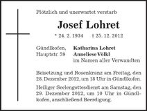Traueranzeige Josef Lohret