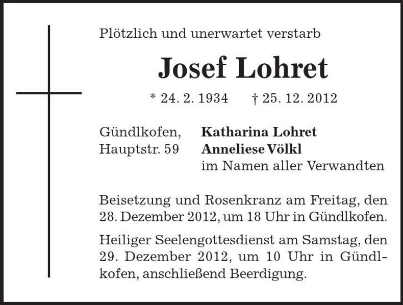 Traueranzeige Josef Lohret