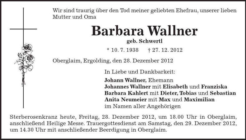 Traueranzeige Barbara Wallner