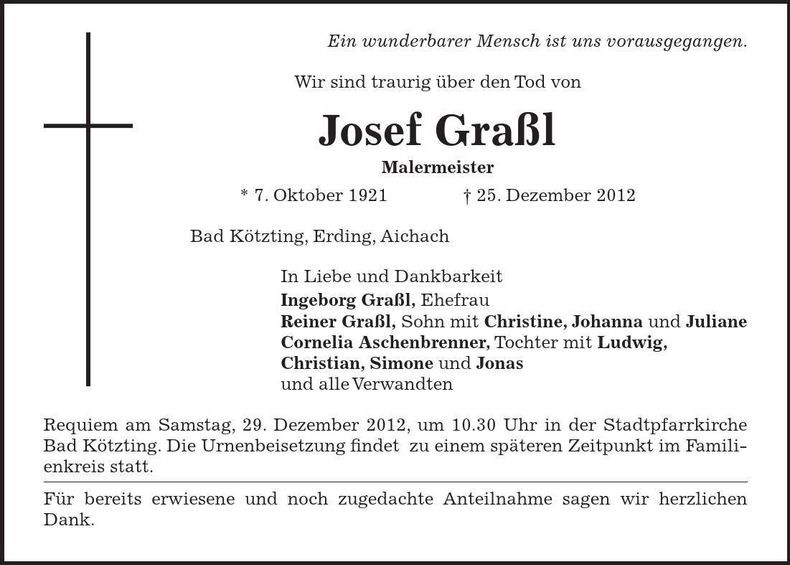 Traueranzeige Josef Graßl