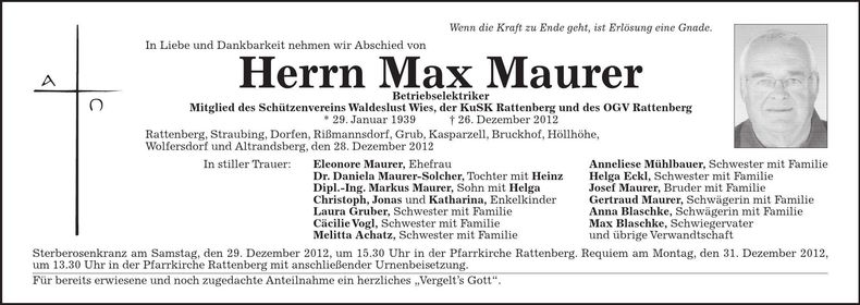 Traueranzeige Max Maurer