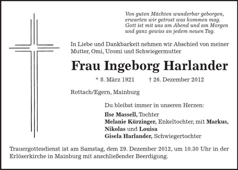 Traueranzeige Ingeborg Harlander