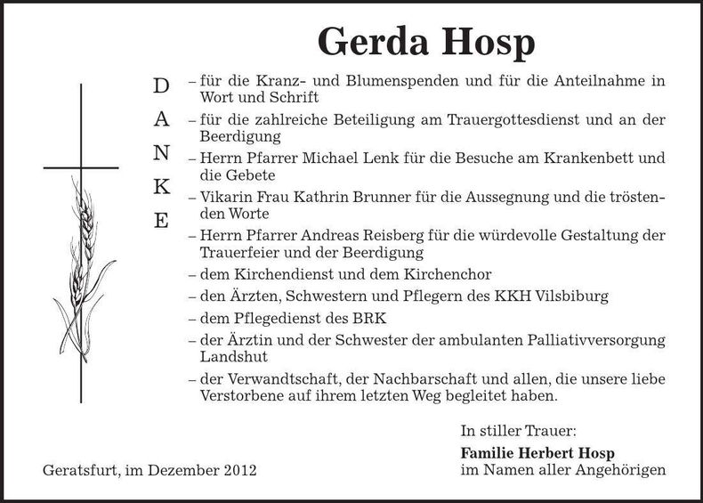 Traueranzeige Gerda Hosp