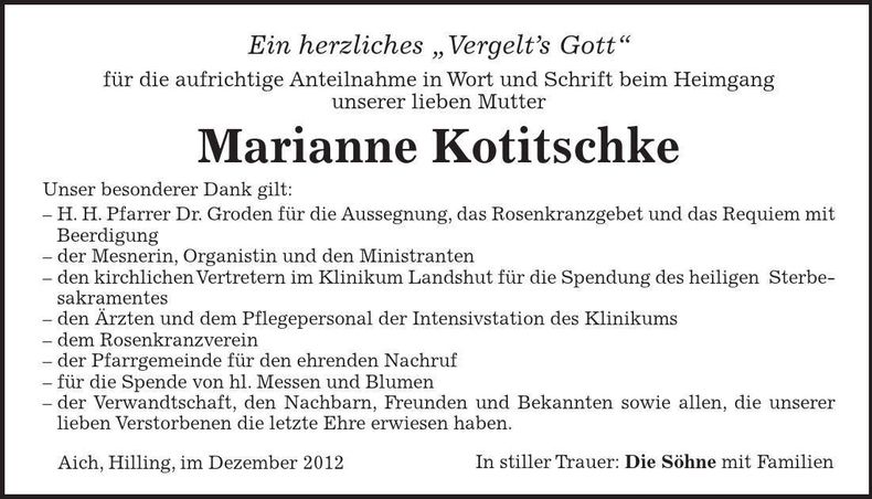 Traueranzeige Marianne Kotitschke