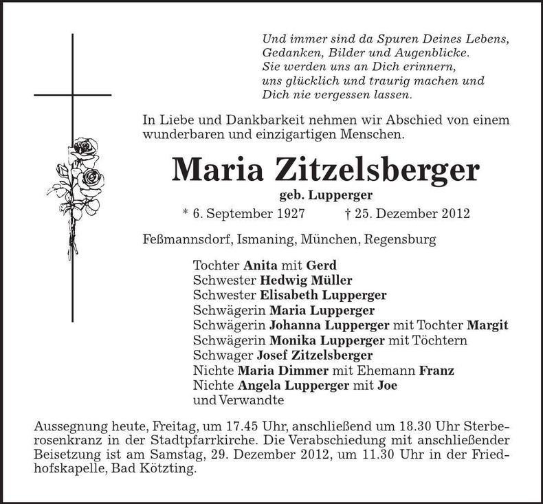 Traueranzeige Maria Zitzelsberger