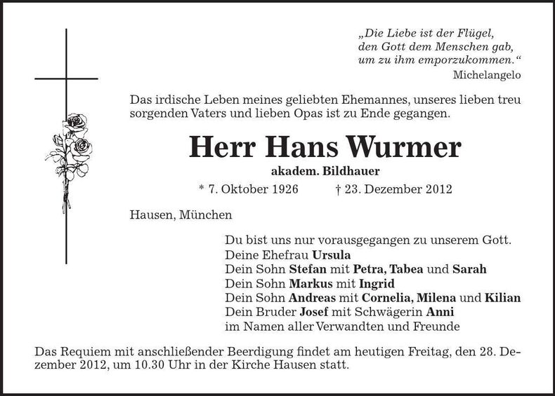 Traueranzeige Hans Wurmer