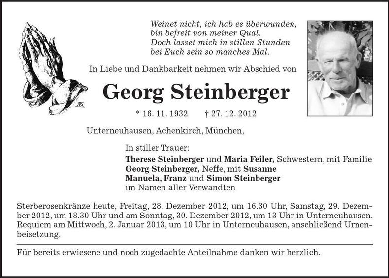 Traueranzeige Georg Steinberger