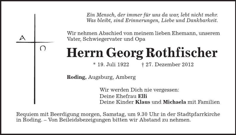 Traueranzeige Rothfischer Georg