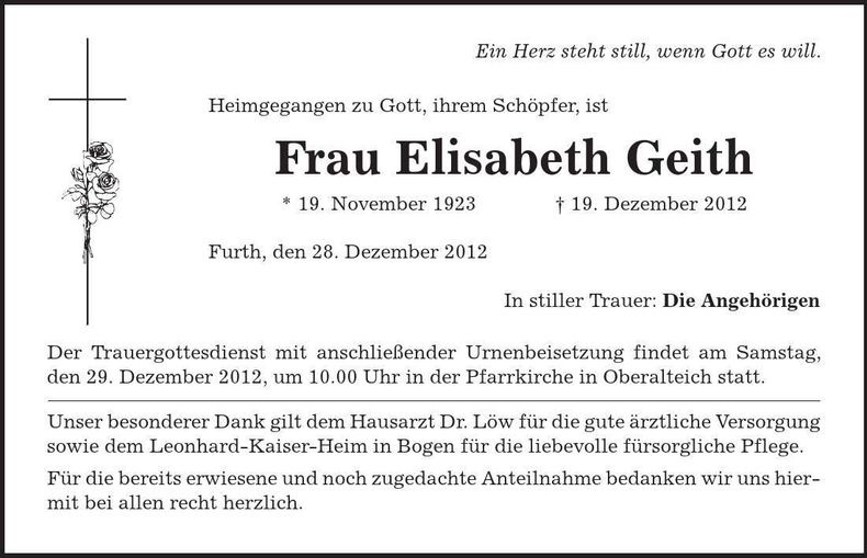 Traueranzeige Elisabeth Geith