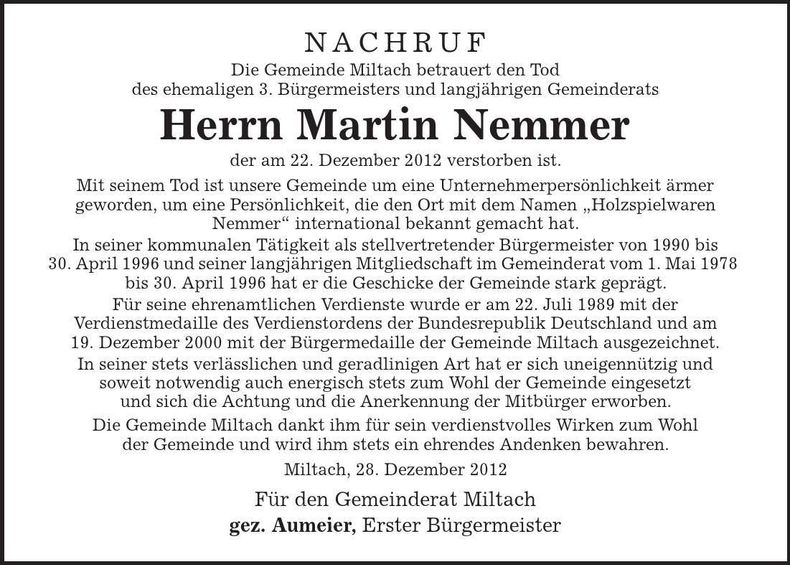 Traueranzeige Martin Nemmer