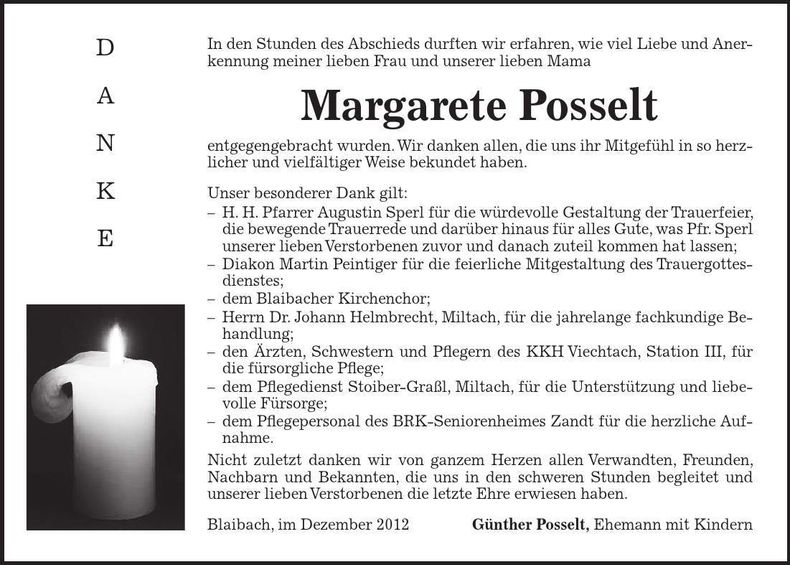 Traueranzeige Margarete Posselt