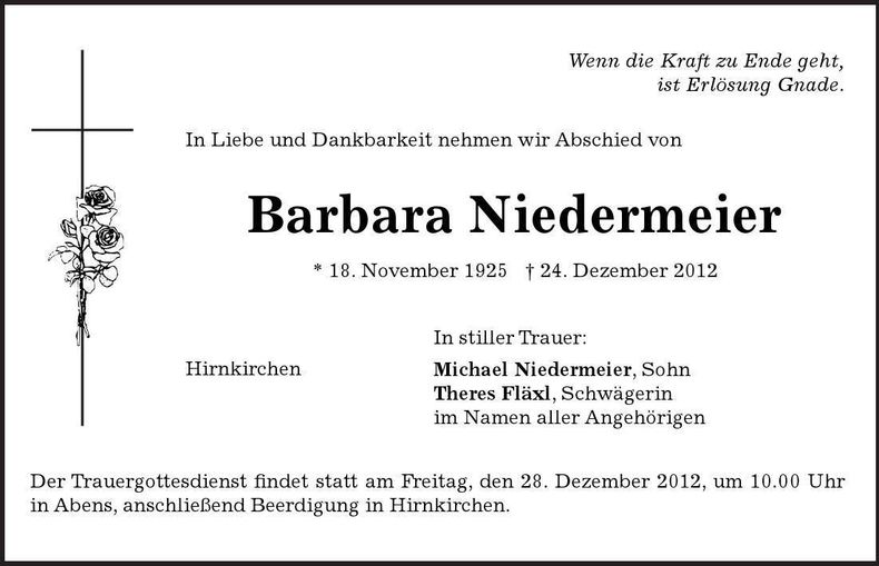 Traueranzeige Barbara Niedermeier