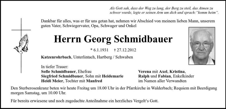 Traueranzeige Georg Schmidbauer