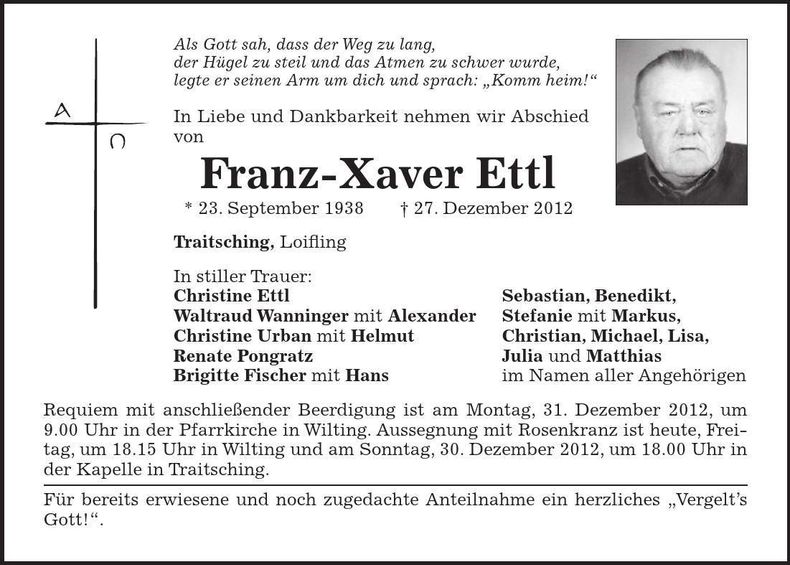Traueranzeige Franz-Xaver Ettl