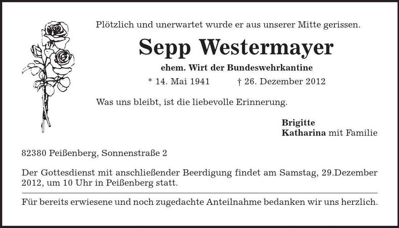 Traueranzeige Sepp Westermayer