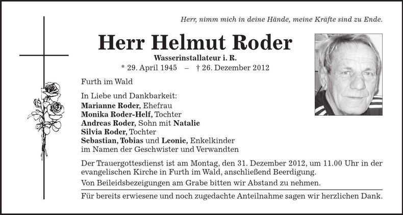 Traueranzeige Helmut Roder