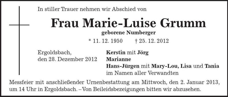 Traueranzeige Marie-Luise Grumm