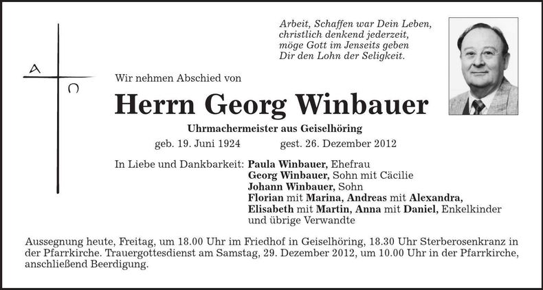 Traueranzeige Georg Winbauer