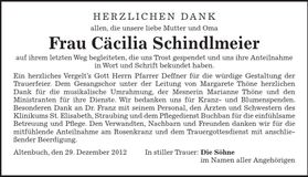 Traueranzeige Cäcilia Schindlmeier
