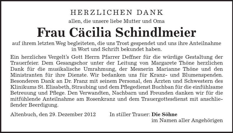 Traueranzeige Cäcilia Schindlmeier