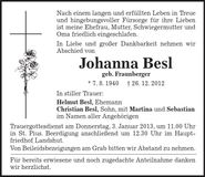 Traueranzeige Johanna Besl