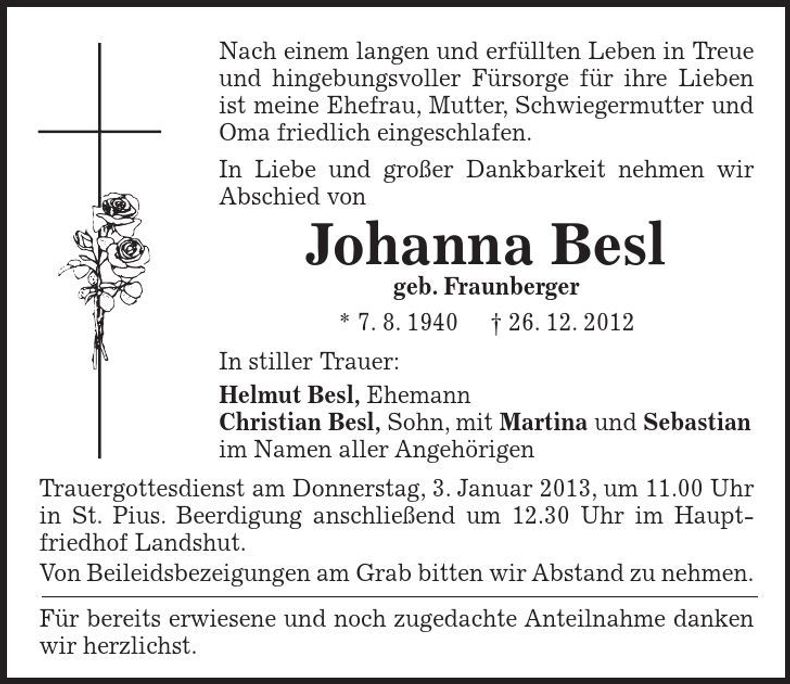 Traueranzeige Johanna Besl