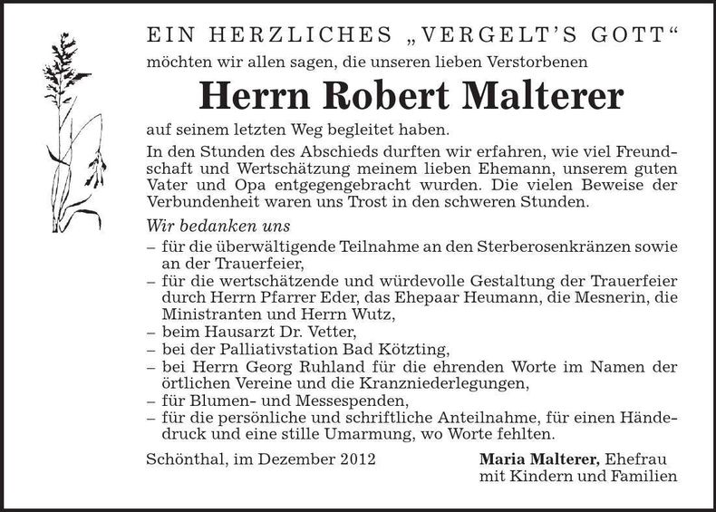 Traueranzeige Robert Malterer
