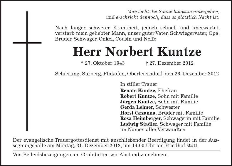Traueranzeige Norbert Kuntze