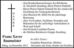 Traueranzeige Franz Xaver Baumeister
