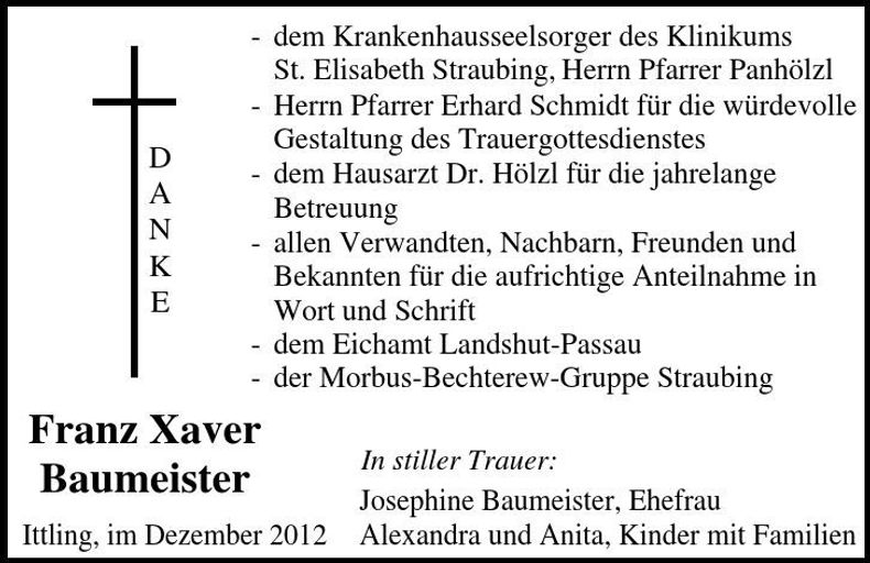 Traueranzeige Franz Xaver Baumeister