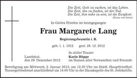 Traueranzeige Margarete Lang