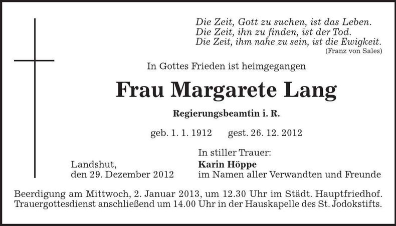 Traueranzeige Margarete Lang