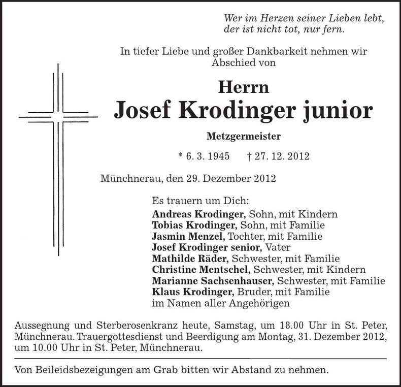 Traueranzeige Josef Krodinger junior