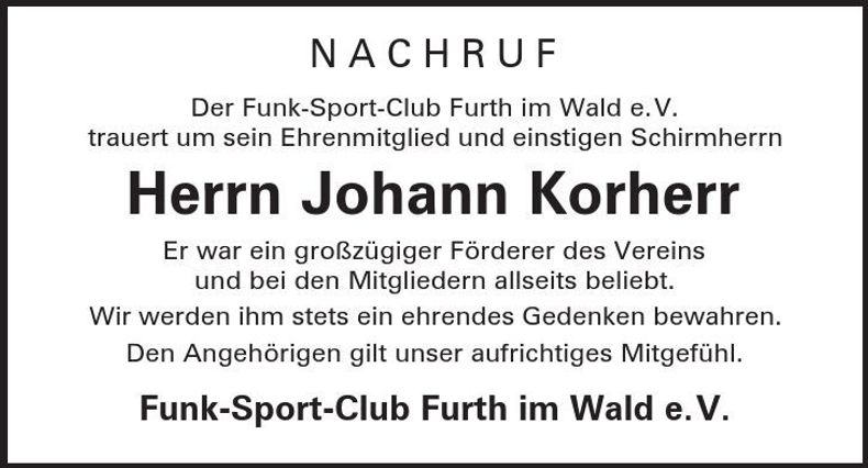 Traueranzeige Johann Korherr