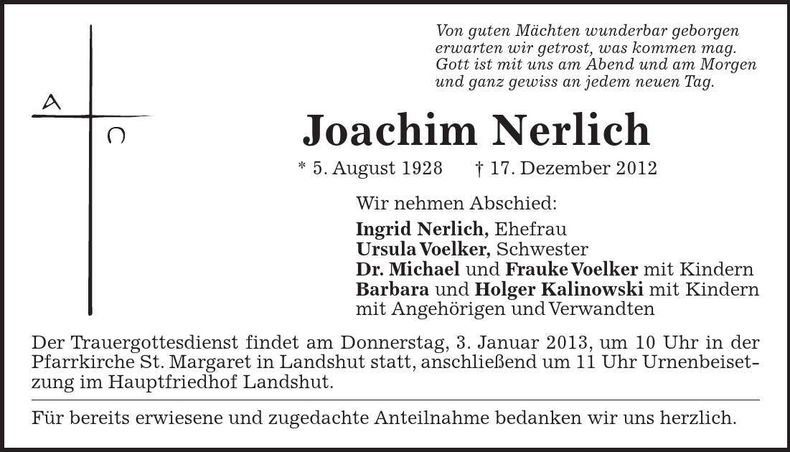 Traueranzeige Joachim Nerlich