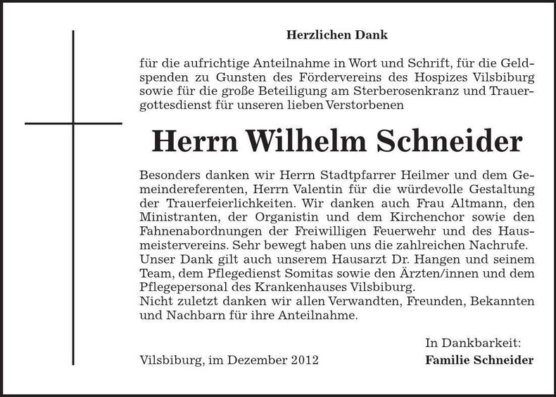 Traueranzeige Wilhelm Schneider