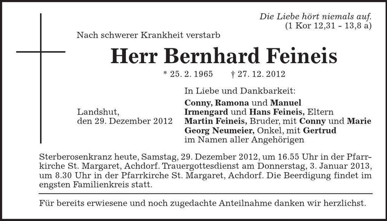 Traueranzeige Bernhard Feineis
