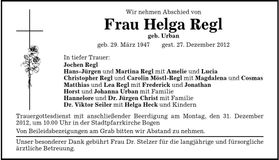 Traueranzeige Helga Regl