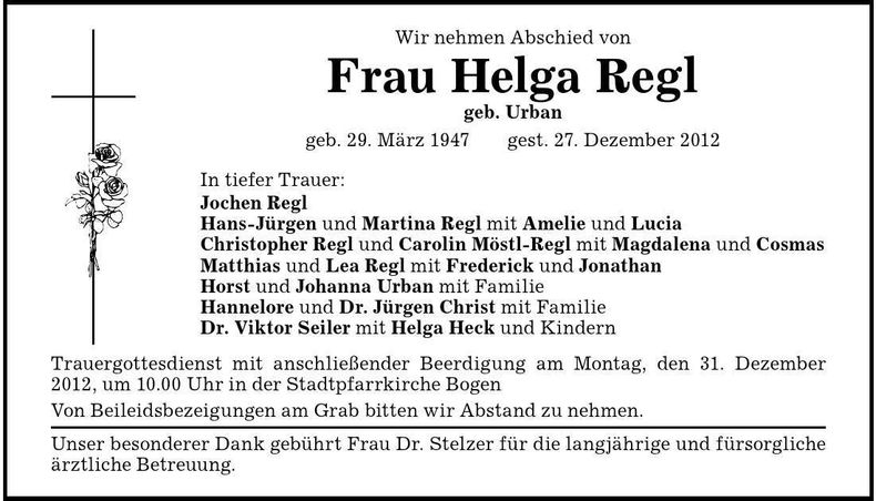 Traueranzeige Helga Regl