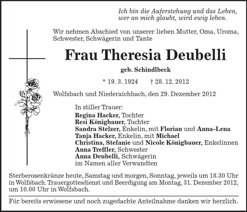 Traueranzeige Theresia Deubelli