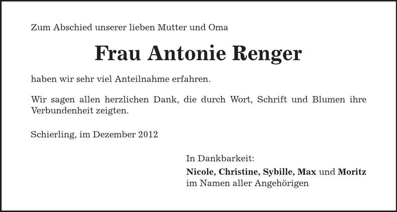 Traueranzeige Antonie Renger