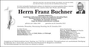 Traueranzeige Franz Buchner