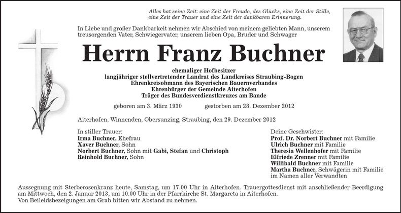 Traueranzeige Franz Buchner