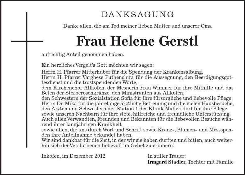 Traueranzeige Helene Gerstl