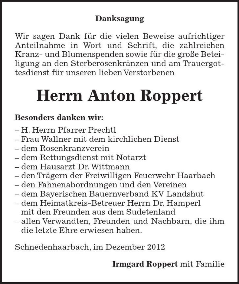 Traueranzeige Anton Roppert
