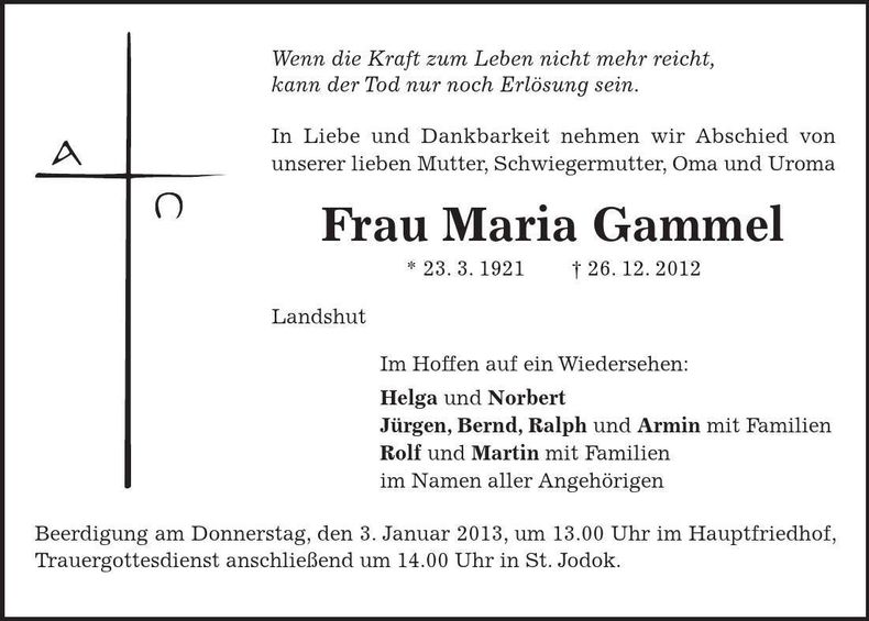 Traueranzeige Maria Gammel