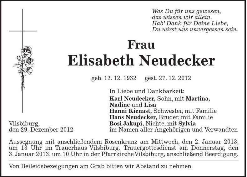 Traueranzeige Elisabeth Neudecker