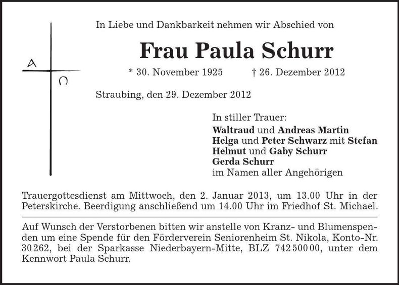 Traueranzeige Paula Schurr